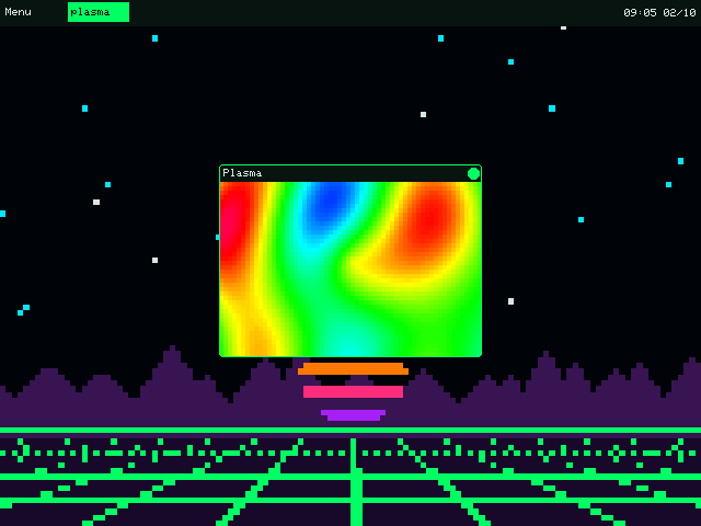 The acid OS desktop with a Plasma window showing a colour-cycling plasma in chunky 4-pixel blocks